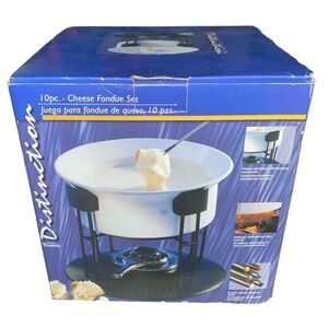 Trudeau 10 PC Cheese FONDUE Set Stoneware 6 Fondue Forks METAL Stand NOB unused